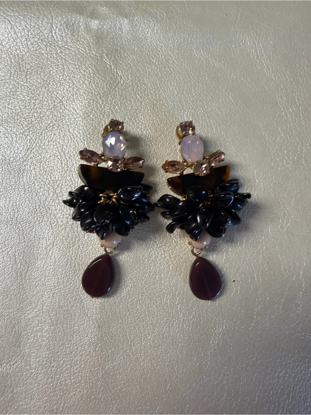 J. Crew Black and Plum Floral Drop Earrings with Pink Accents